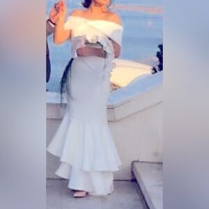 Off Shoulder Asymmetric Cut Long Scuba dress